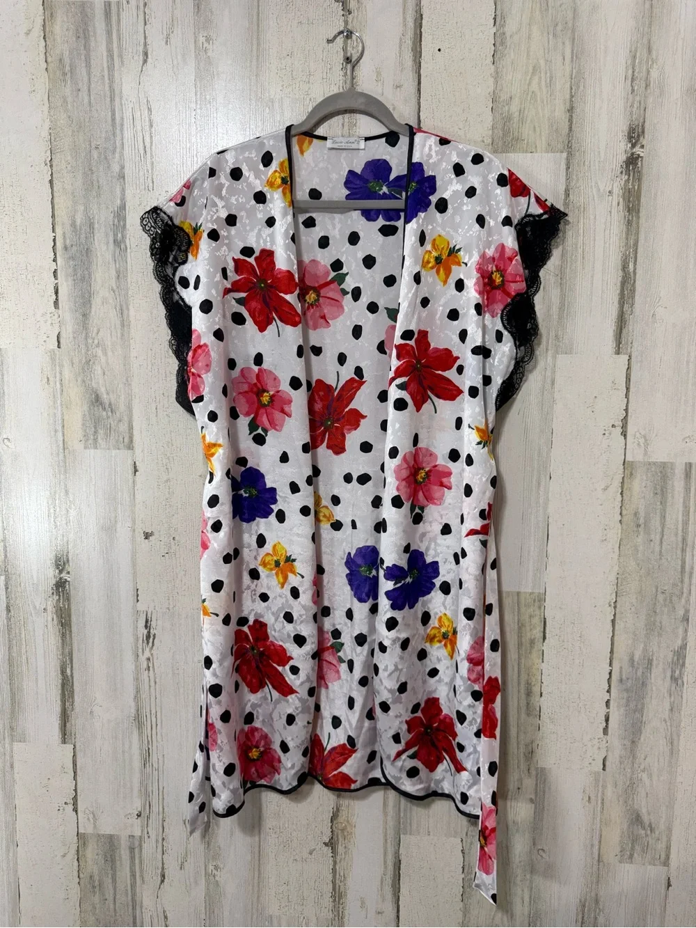 Floral Polka Dot Satin Chemise & Robe Set - White with Multicolor Flowers